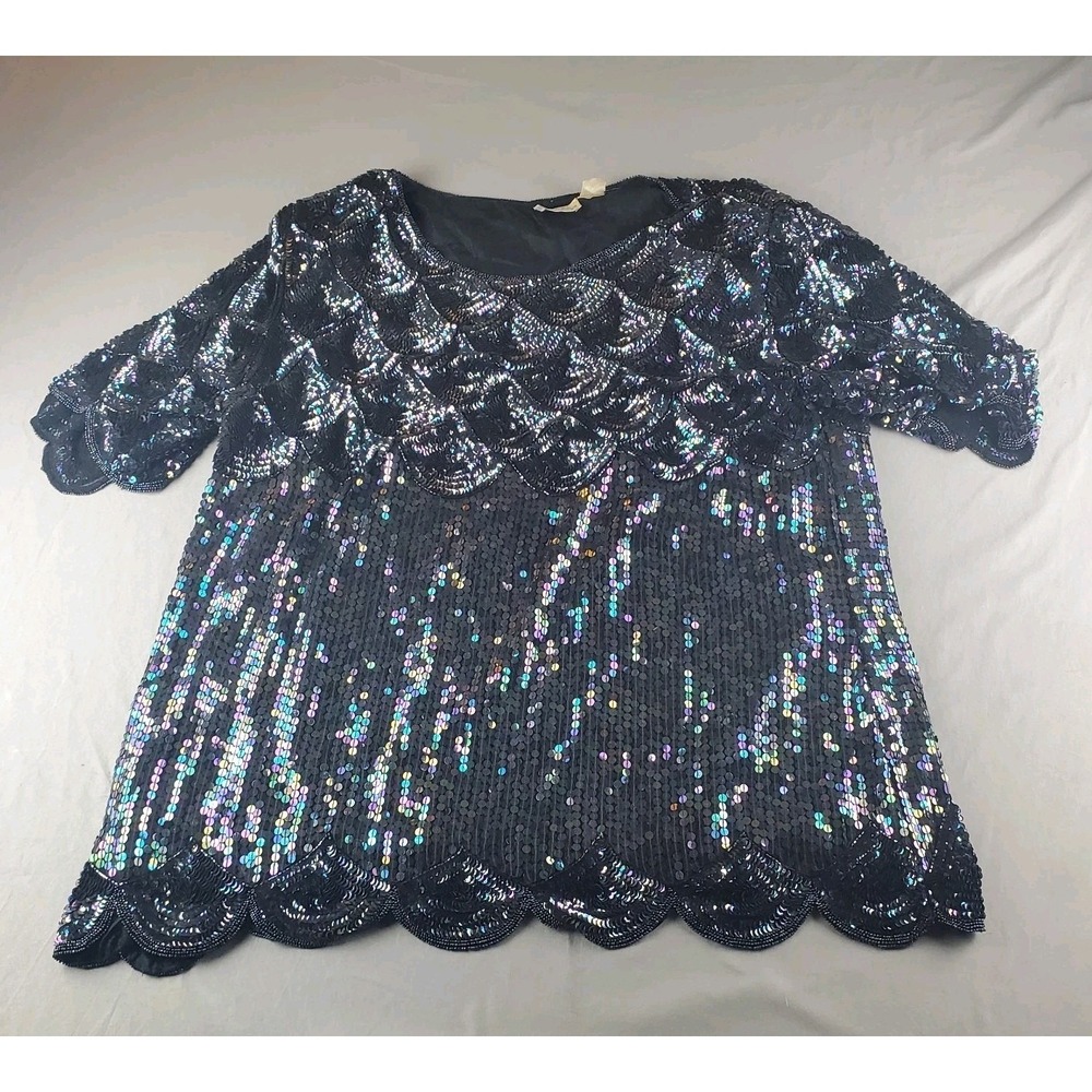 Vintage The Forgotten Woman Sequins Blouse Top 3X Black Cape Short Sleeve Slik